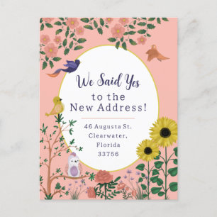 Cute Pink Flower and Bird New Address Announcement Postcard