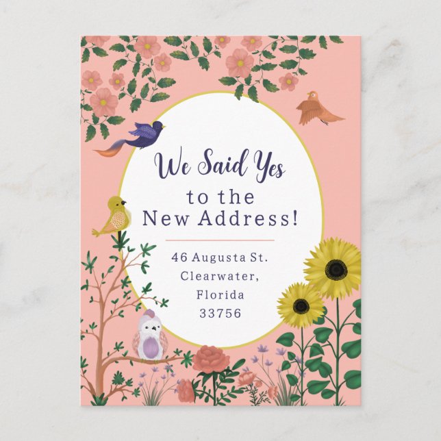 Cute Pink Flower and Bird New Address Announcement Postcard (Front)