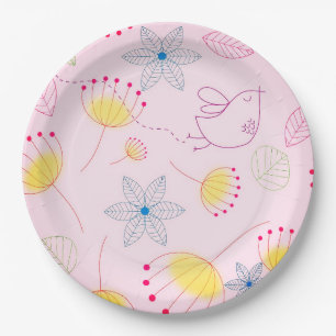 Cute pink flower and bird paper plate, paper plate