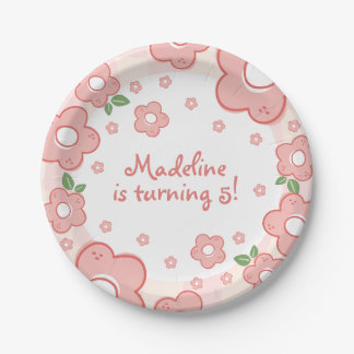 Cute Pink Flower Birthday Party Paper Plates