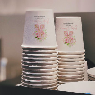 Cute pink flower-decorated alphabet blocks paper cups