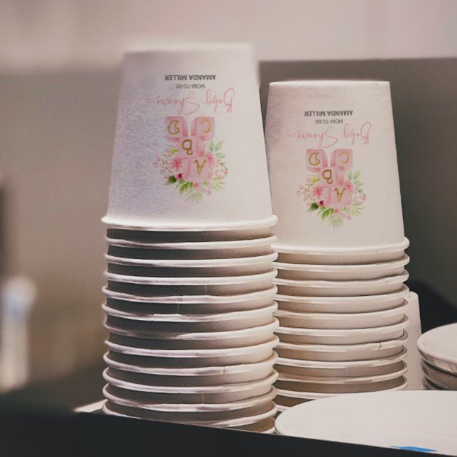 Cute pink flower-decorated alphabet blocks paper cups (Creator Uploaded)