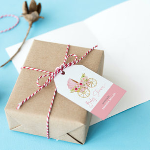 Cute pink flower-decorated baby stroller gift tags