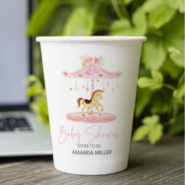 Cute pink flower-decorated pony carousel paper cups (Creator Uploaded)