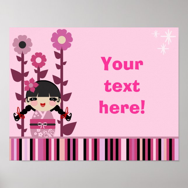 Cute Pink Flower Kokeshi Poster (Front)