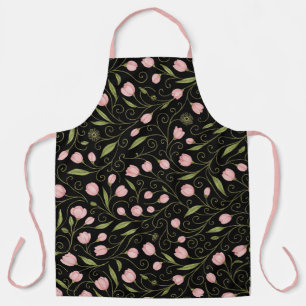 Cute, pink flower on black with repeating pattern apron
