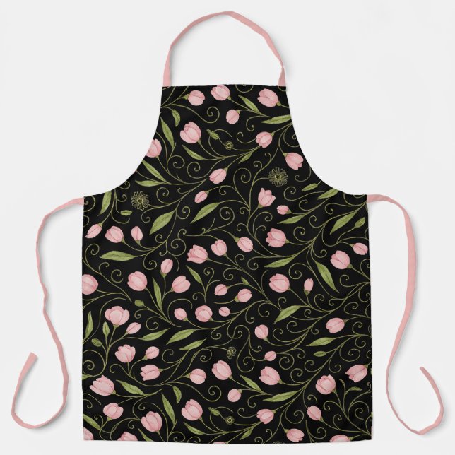 Cute, pink flower on black with repeating pattern  apron (Front)
