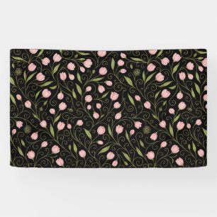 Cute, pink flower on black with repeating pattern banner