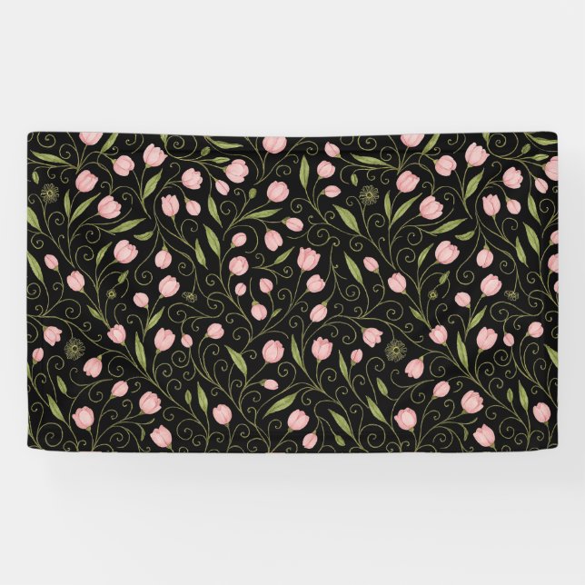 Cute, pink flower on black with repeating pattern  banner (Horizontal)