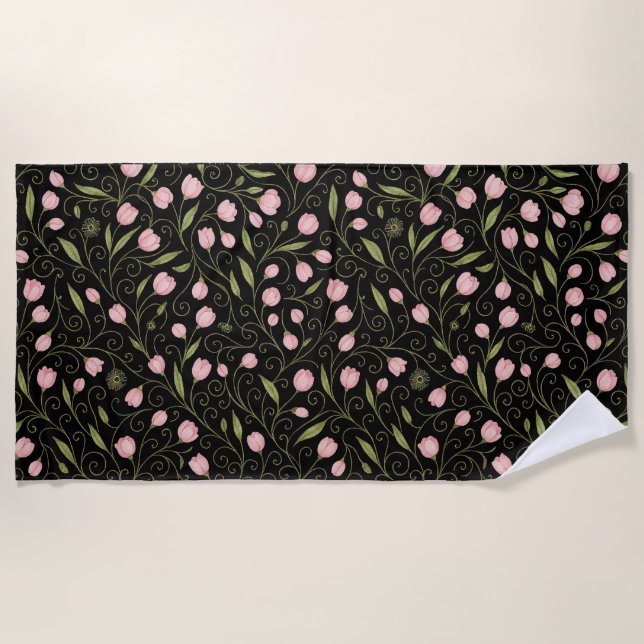 Cute, pink flower on black with repeating pattern  beach towel (Front)
