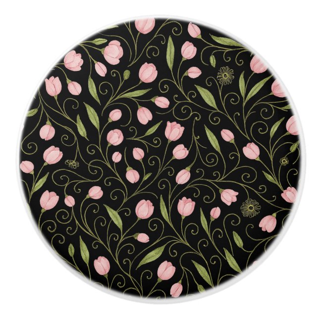 Cute, pink flower on black with repeating pattern  ceramic knob (Front)