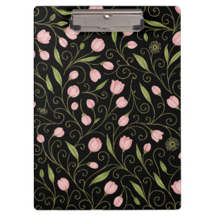 Cute, pink flower on black with repeating pattern clipboard