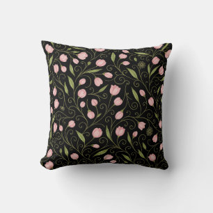 Cute, pink flower on black with repeating pattern cushion