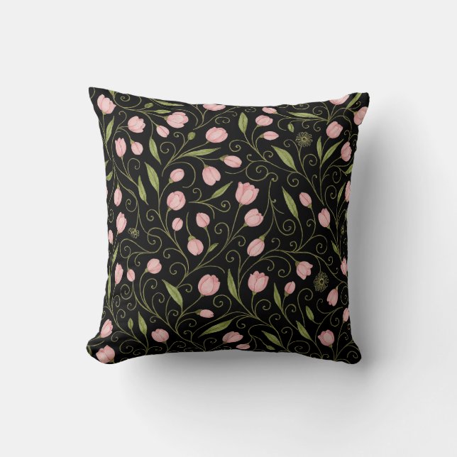 Cute, pink flower on black with repeating pattern  cushion (Front)