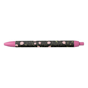 Cute, pink flower on black with repeating pattern ink pen