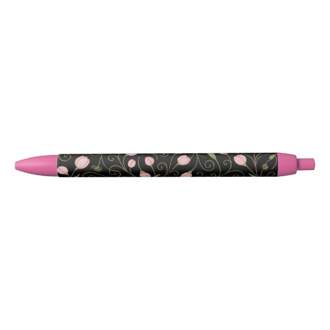 Cute, pink flower on black with repeating pattern  ink pen (Front)