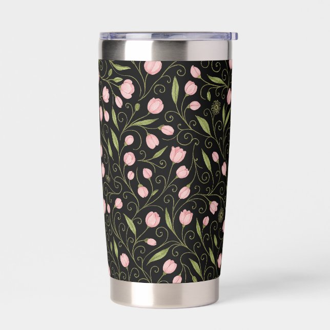 Cute, pink flower on black with repeating pattern  insulated tumbler (Left)