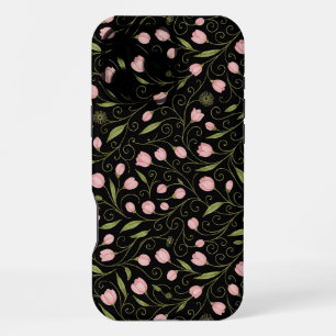 Cute, pink flower on black with repeating pattern iPhone 16 pro max case
