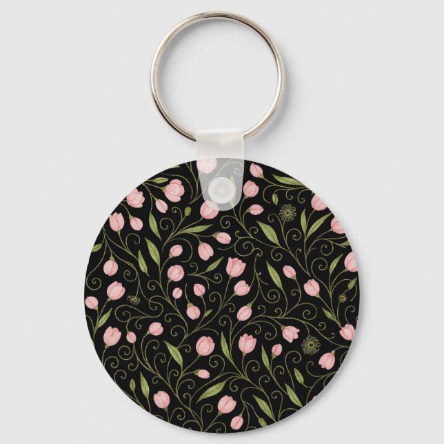 Cute, pink flower on black with repeating pattern  key ring (Front)
