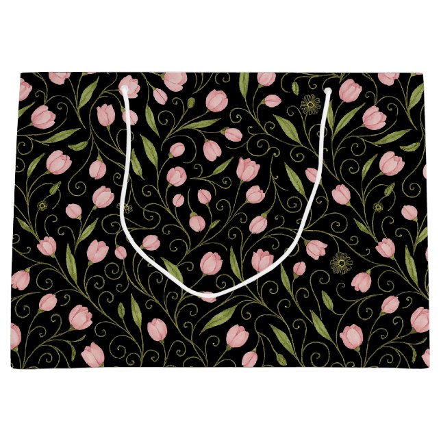 Cute, pink flower on black with repeating pattern  large gift bag (Front)