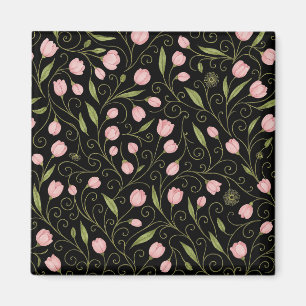 Cute, pink flower on black with repeating pattern magnet