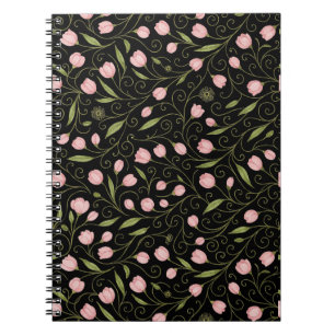 Cute, pink flower on black with repeating pattern notebook