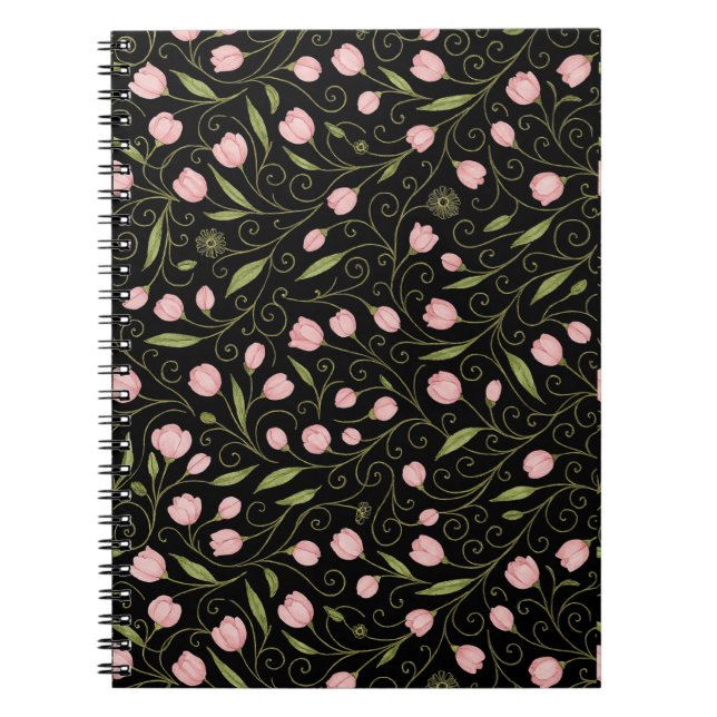 Cute, pink flower on black with repeating pattern  notebook (Front)