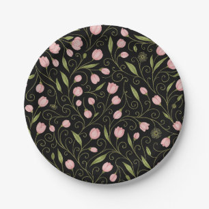 Cute, pink flower on black with repeating pattern paper plate