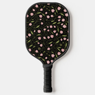 Cute, pink flower on black with repeating pattern pickleball paddle