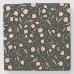 Cute, pink flower on black with repeating pattern stone coaster