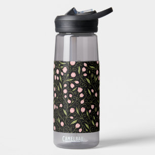Cute, pink flower on black with repeating pattern water bottle