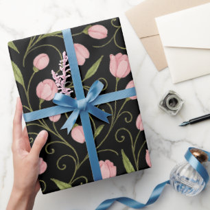 Cute, pink flower on black with repeating pattern wrapping paper