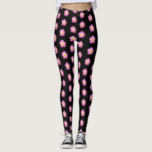 Cute pink flower pattern on black leggings