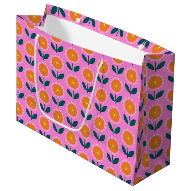 Cute Pink Flower Pattern Trendy Chic Large Gift Bag (Front Angled)