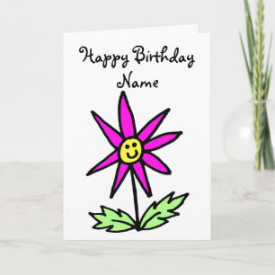 Cute Pink Flower Smiling Face Birthday Card