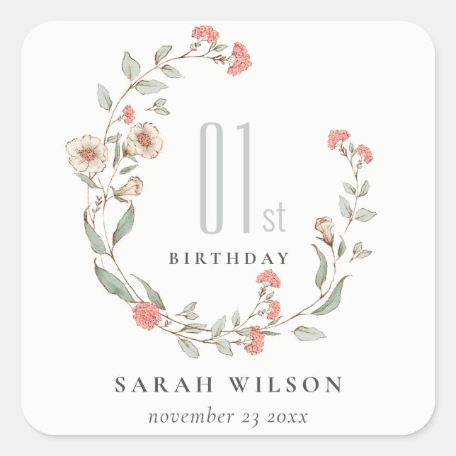 Cute Pink Flower Wreath Girl Any Year Birthday Square Sticker (Front)