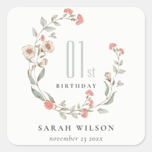 Cute Pink Flower Wreath Girl Any Year Birthday Square Sticker