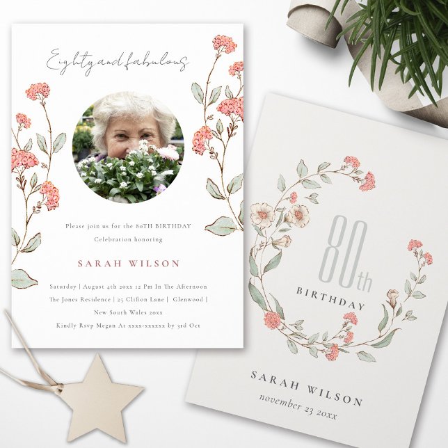 Cute Pink Flower Wreath Photo 80th Birthday Invite (Creator Uploaded)