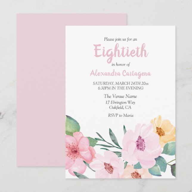 Cute Pink Flowers 80th Birthday Invite (Front/Back)