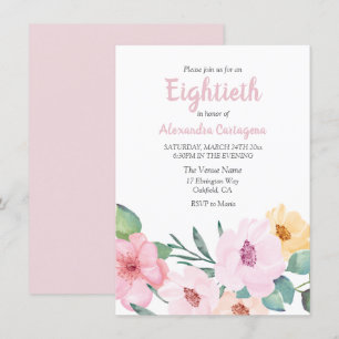 Cute Pink Flowers 80th Birthday Invite