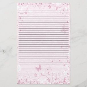 Cute Pink Flowers and Butterflies Lined Stationery