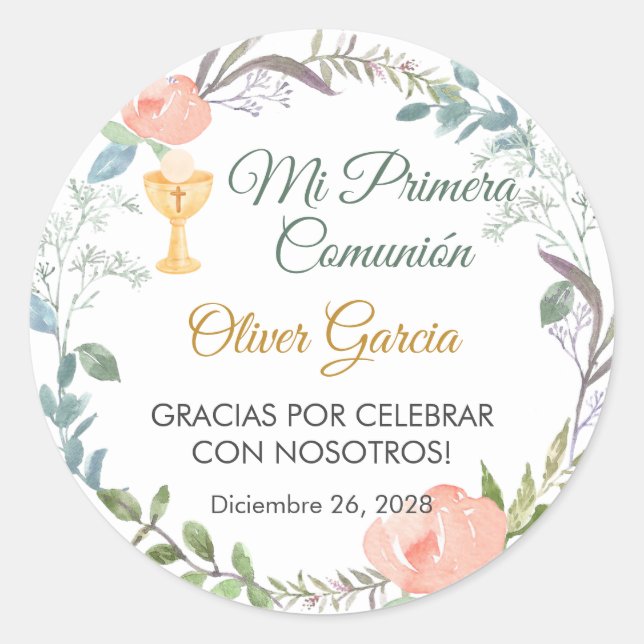 Cute Pink flowers and chalice First Communion  Classic Round Sticker (Front)