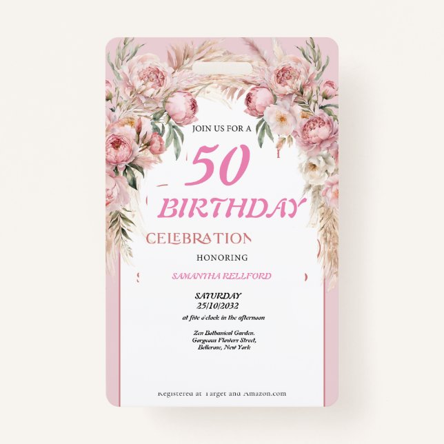 Cute Pink Flowers Birthday ID Badge (Front)