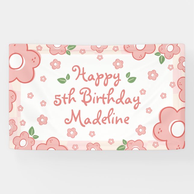 Cute Pink Flowers Birthday Party Banner (Horizontal)