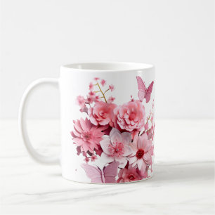 Cute Pink Flowers Butterflies Sublimination Women Coffee Mug