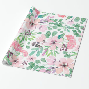 Cute Pink Flowers Green Leafs Pattern Wrapping Paper
