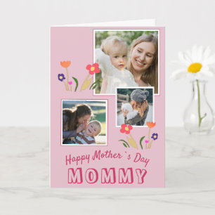 Cute Pink Flowers Happy Mother`s Day 3 Photo Card