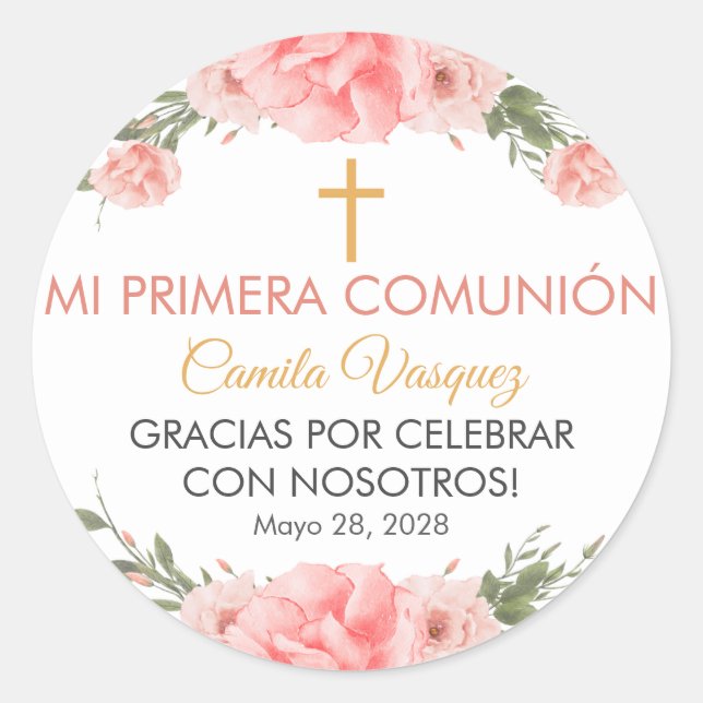 Cute Pink flowers in Spanish First Communion  Classic Round Sticker (Front)