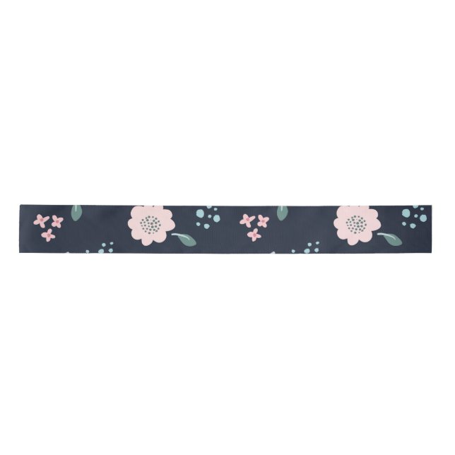 Cute pink flowers on navy background design wrappi satin ribbon (Front)
