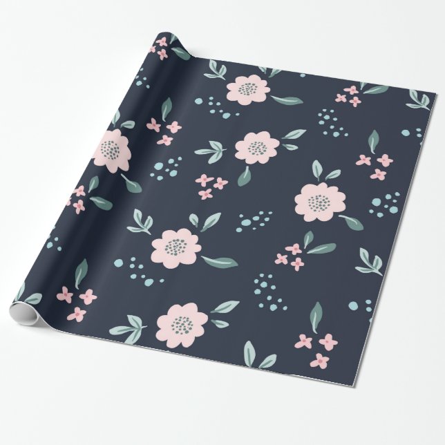 Cute pink flowers on navy background design wrapping paper (Unrolled)